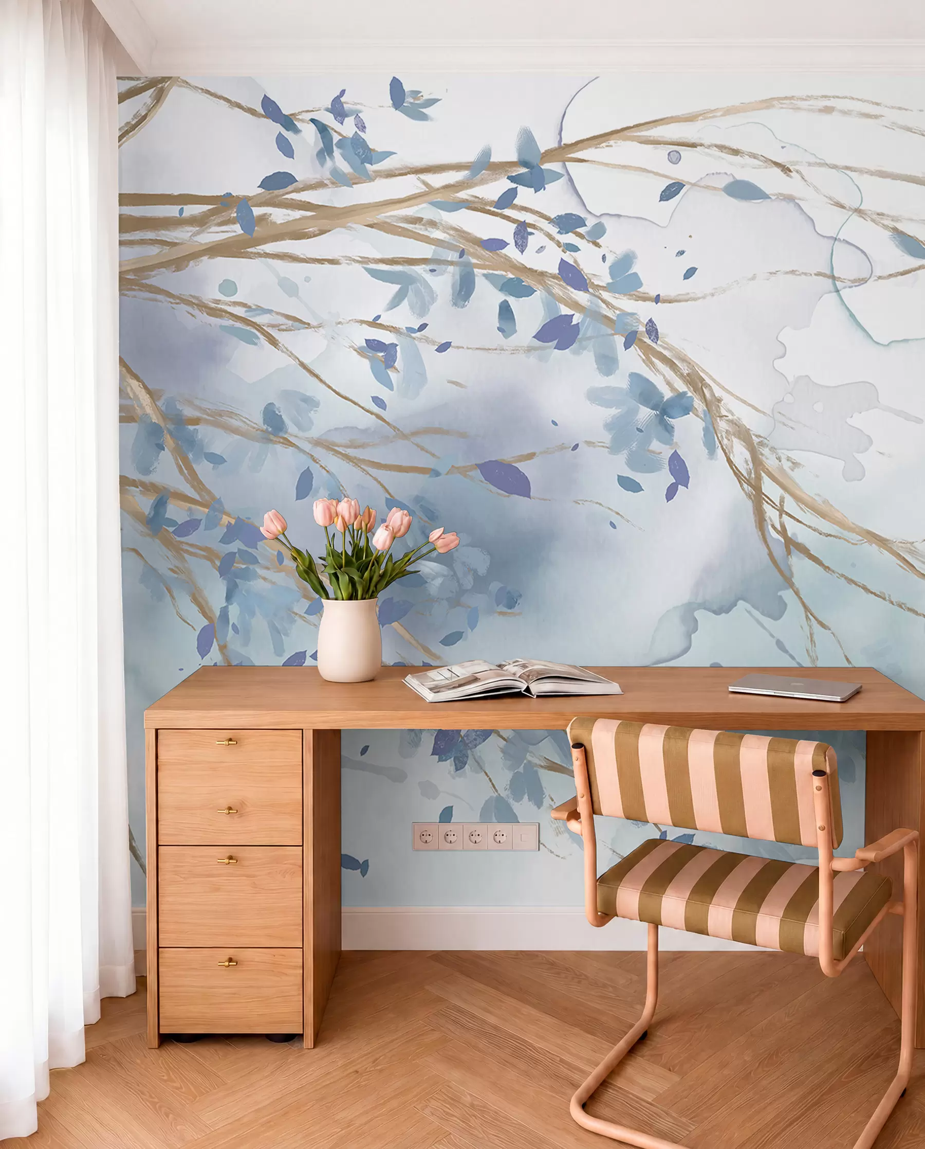 wall murals Delicate blue and white floral branches with soft, blurred watercolor background w07919