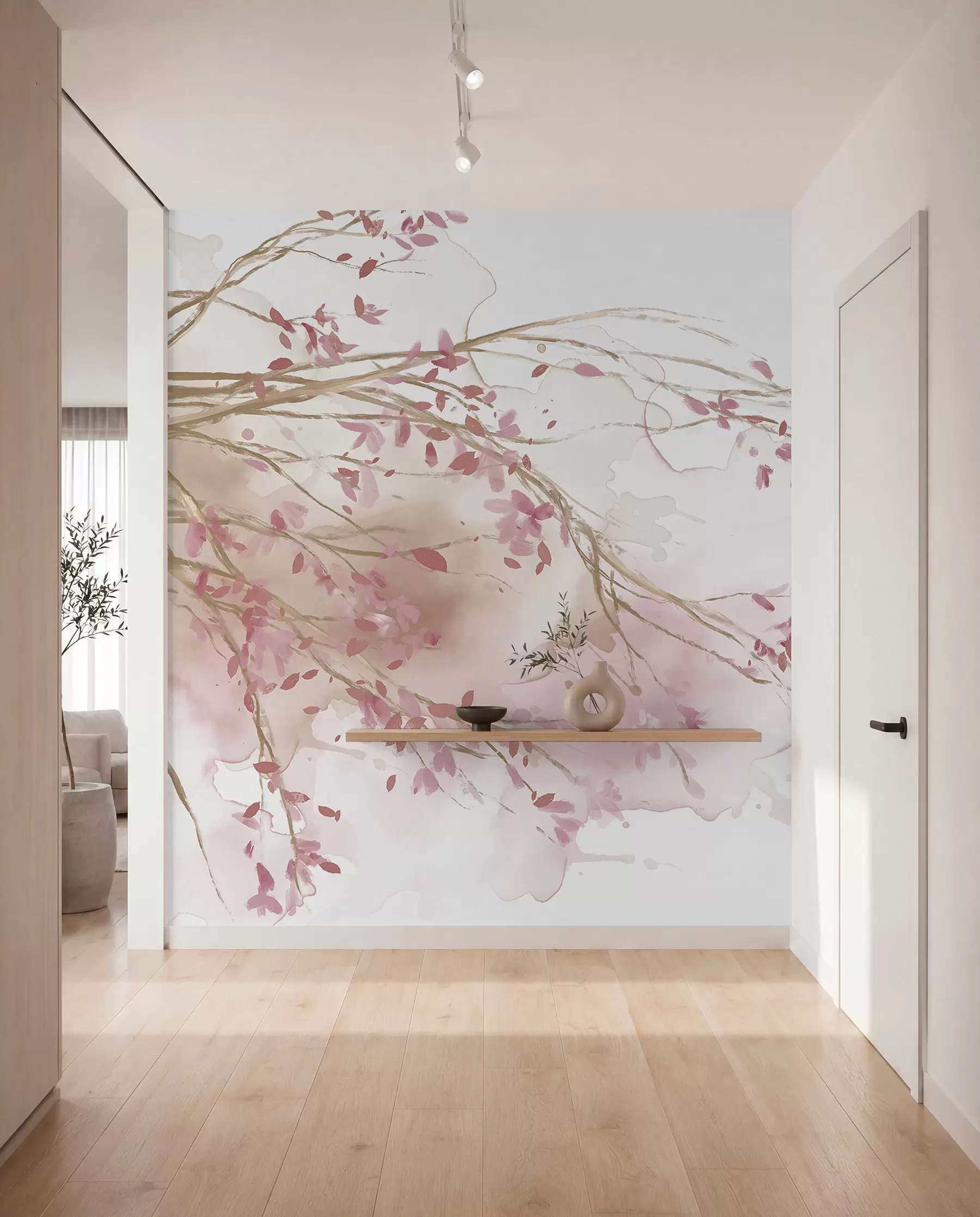 peintures murales Branches florales roses et blanches délicates avec fond aquarelle doux et flou w07919v1