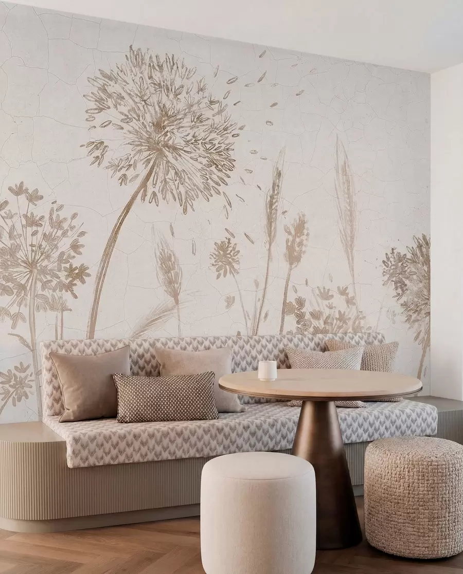 Wall Mural Photo Wallpaper A field of dandelions and other wildflowers against a soft, hazy background w07921