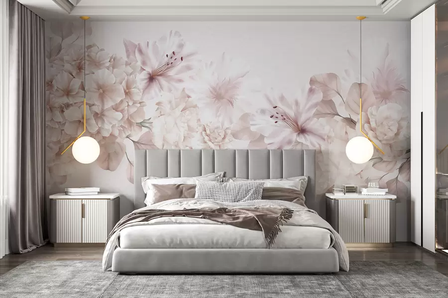 murais de parede Arranjo floral rosa e branco suave, com delicadas pétalas e flores contra um fundo claro w07923