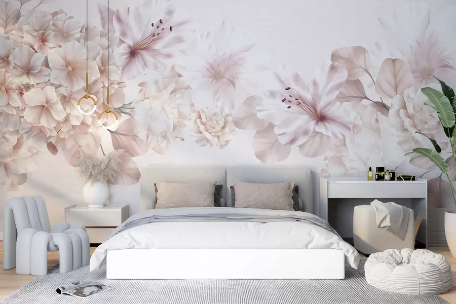 Wall Mural Photo Wallpaper Soft pink and white floral arrangement, with delicate petals and blossoms against a light background w07923