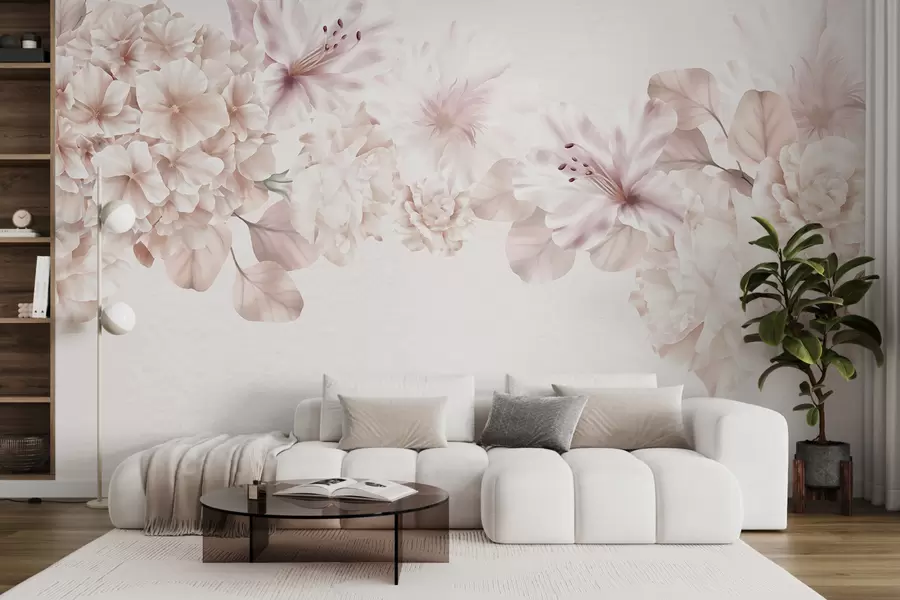 murais de parede Arranjo floral rosa e branco suave, com delicadas pétalas e flores contra um fundo claro w07923