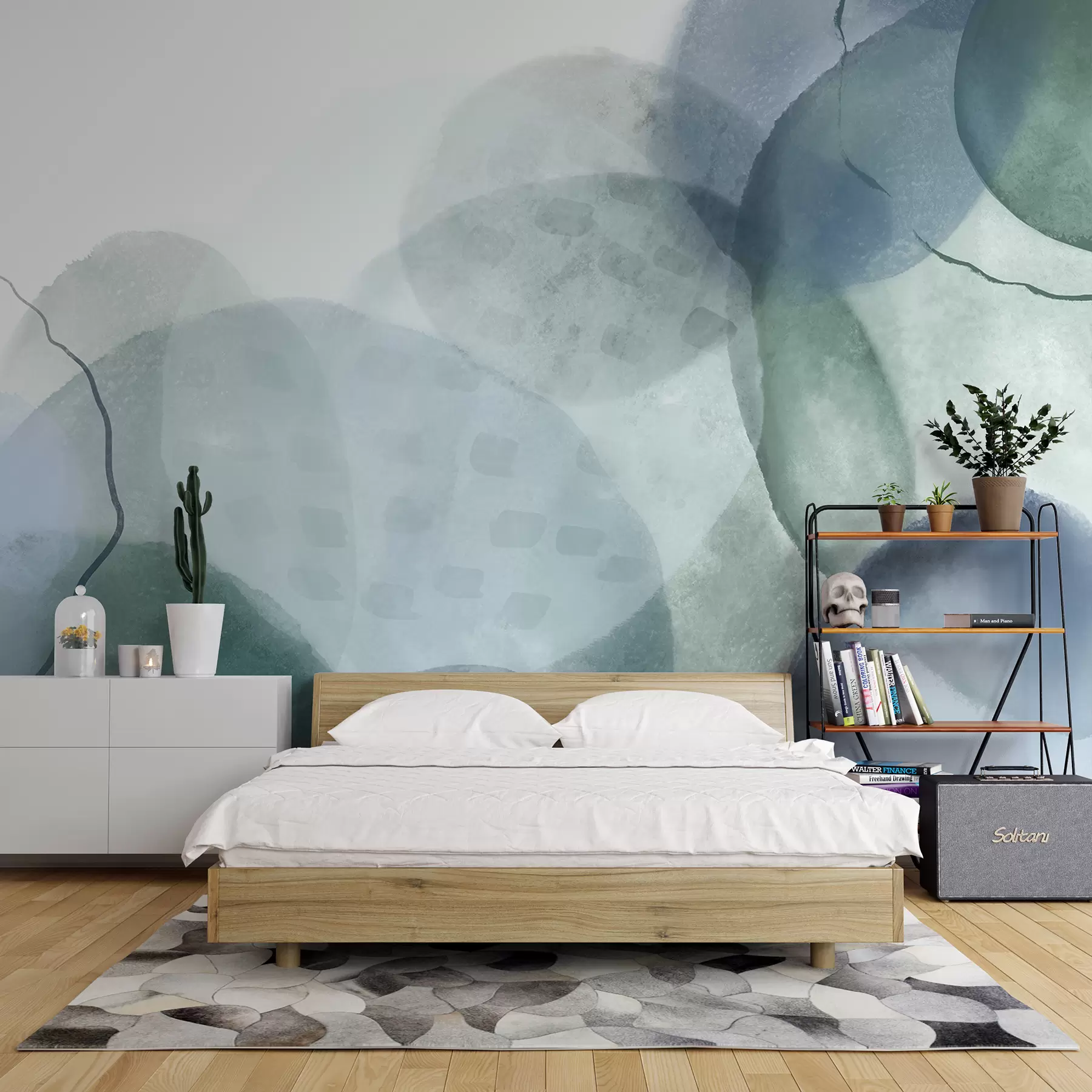 wall murals Soft, watercolor abstract shapes in shades of blue, green, and white w07926