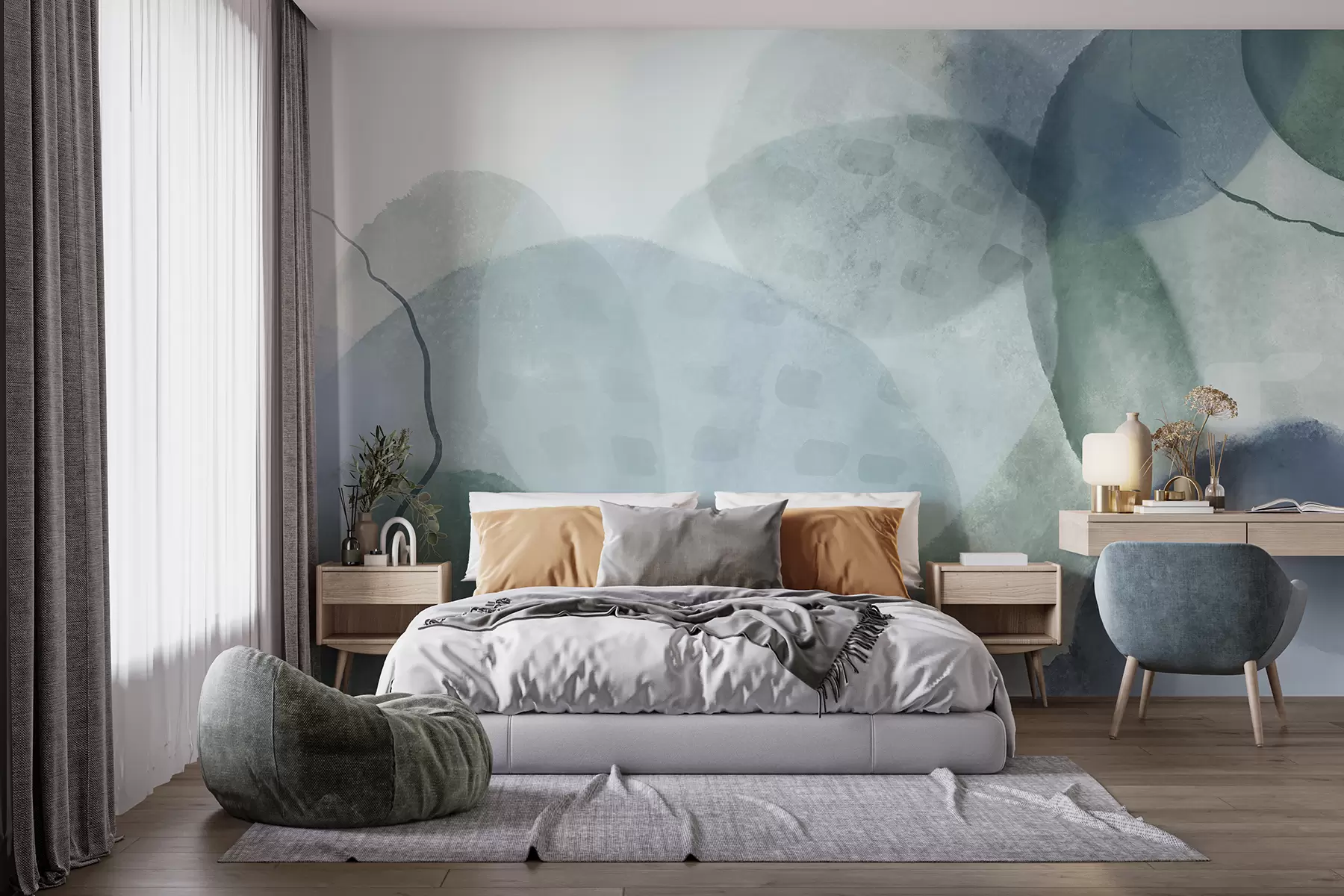 peintures murales Formes abstraites douces et aquarelles dans des tons de bleu, vert et blanc w07926