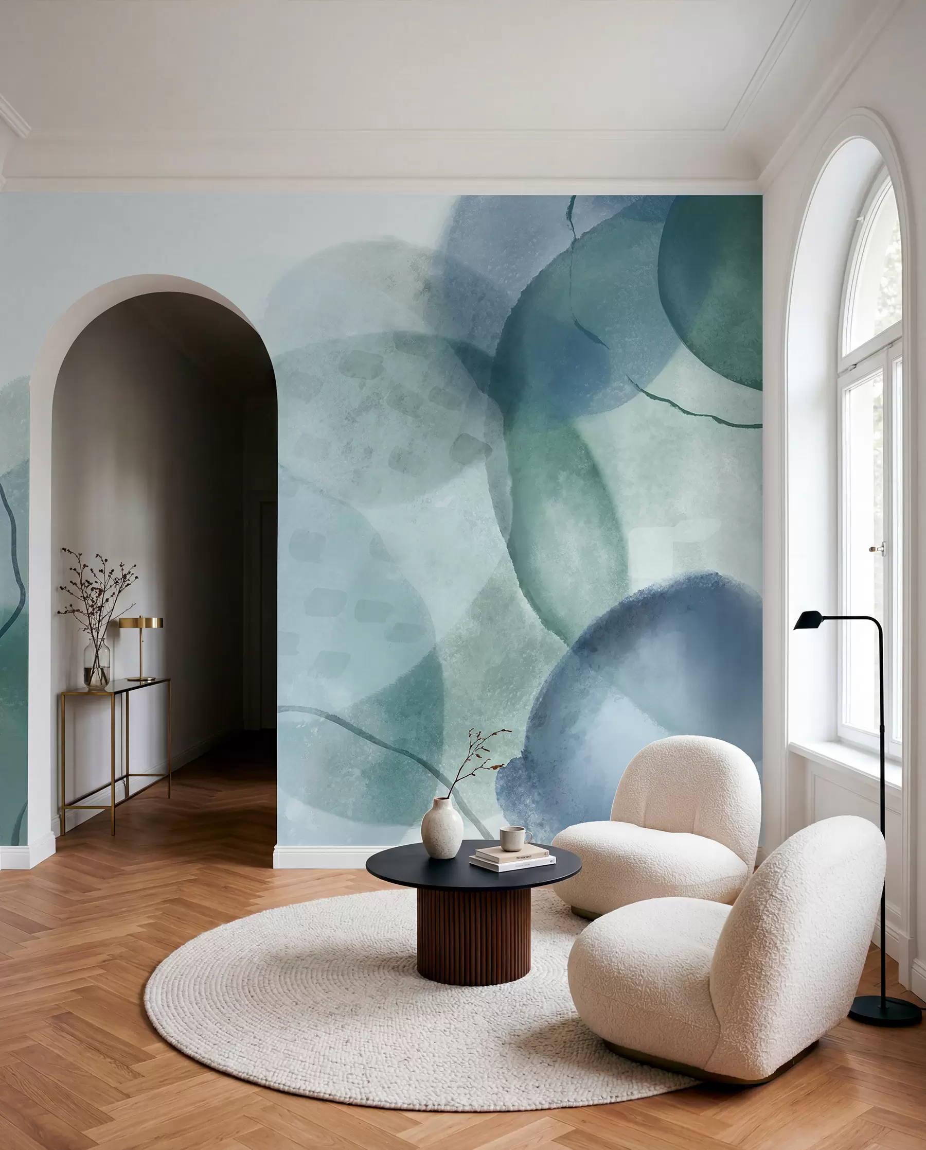 wall murals Soft, watercolor abstract shapes in shades of blue, green, and white w07926