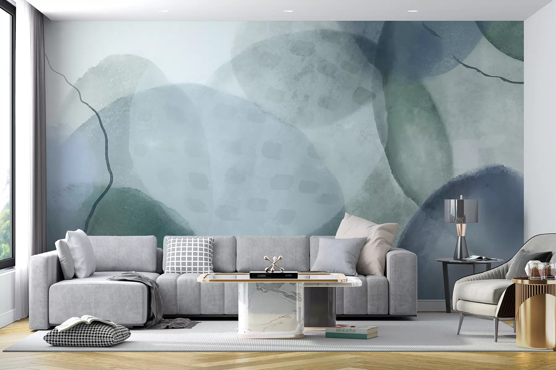 wall murals Soft, watercolor abstract shapes in shades of blue, green, and white w07926