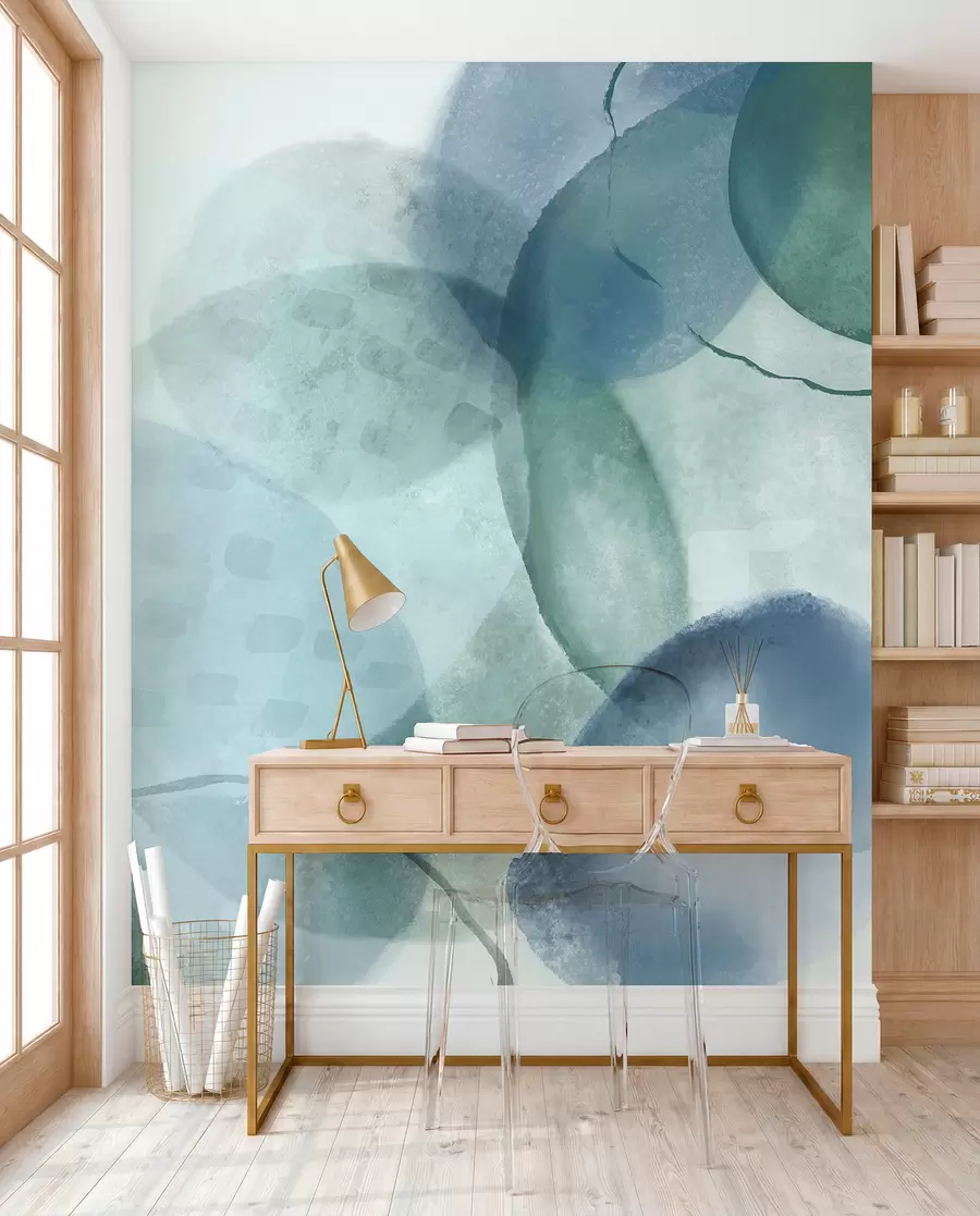 Wall Mural Photo Wallpaper Soft, watercolor abstract shapes in shades of blue, green, and white w07926