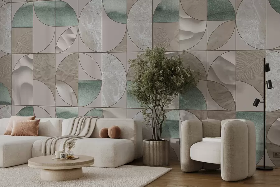 murales Un patrón geométrico de texturas verdes, beige y blancas dispuestas en un diseño abstracto repetitivo w07928