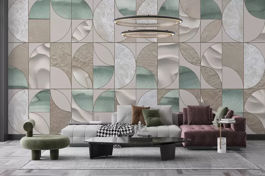 murales Un patrón geométrico de texturas verdes, beige y blancas dispuestas en un diseño abstracto repetitivo w07928