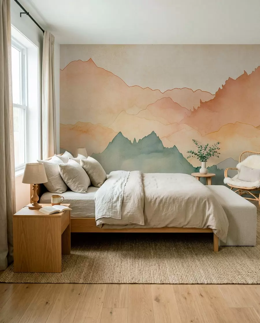 murales Cordilleras, acuarela vintage, color rosa, azul y amarillo w07965