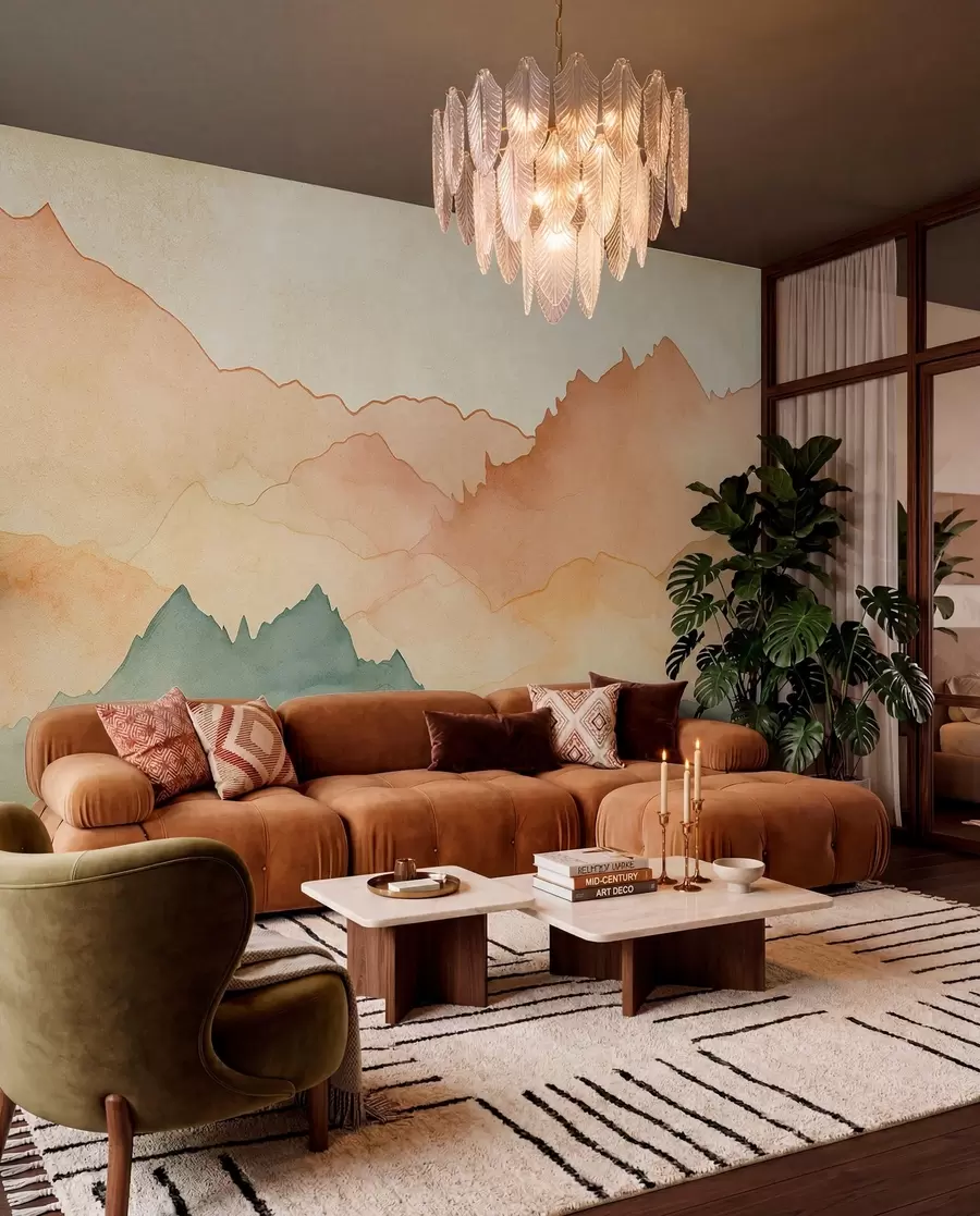 Wall Mural Photo Wallpaper Mountain ranges, watercolor vintage, pink, blue and yellow color w07965
