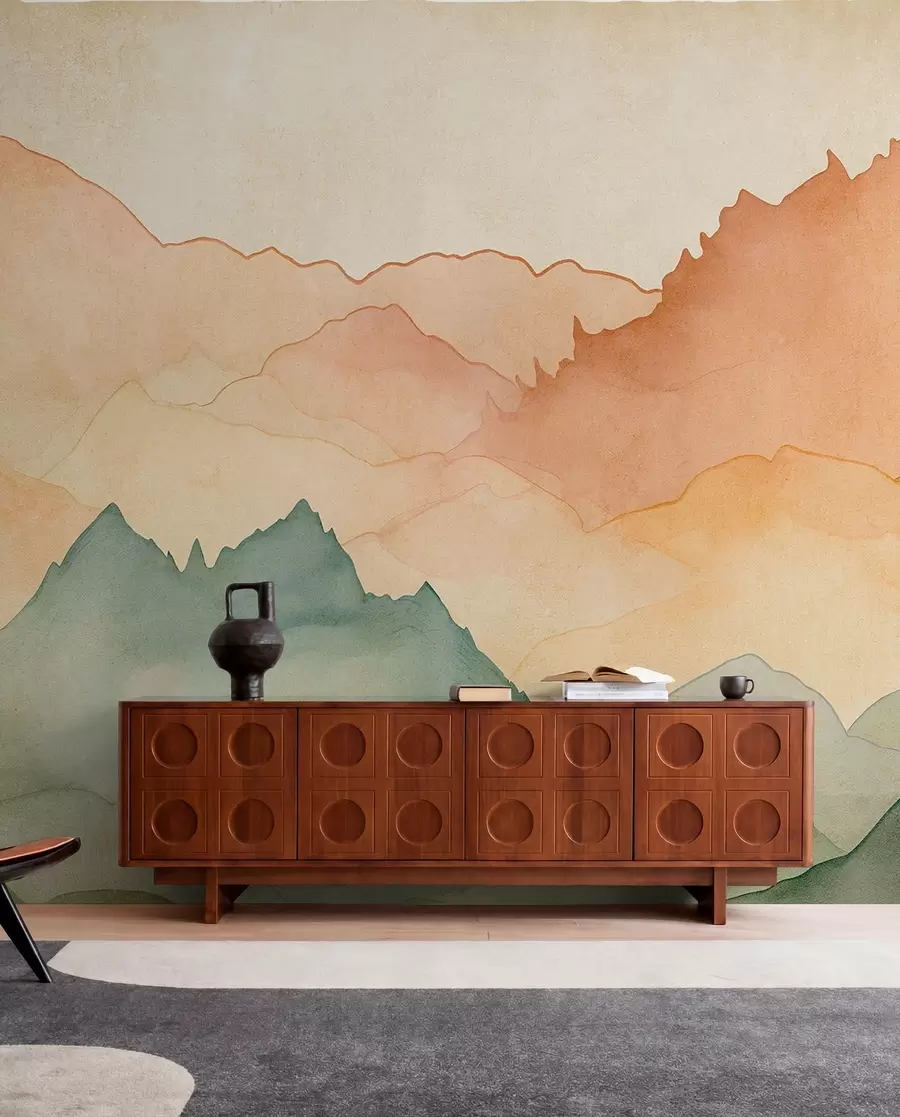 peintures murales Chaînes de montagnes, aquarelle vintage, couleur rose, bleue et jaune w07965
