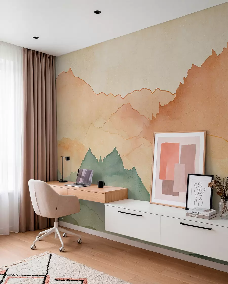 Wall Mural Photo Wallpaper Mountain ranges, watercolor vintage, pink, blue and yellow color w07965