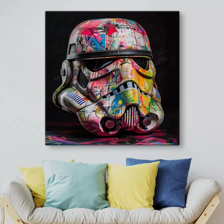 wall murals A Star Wars stormtrooper helmet covered in vibrant street art and graffiti s39453