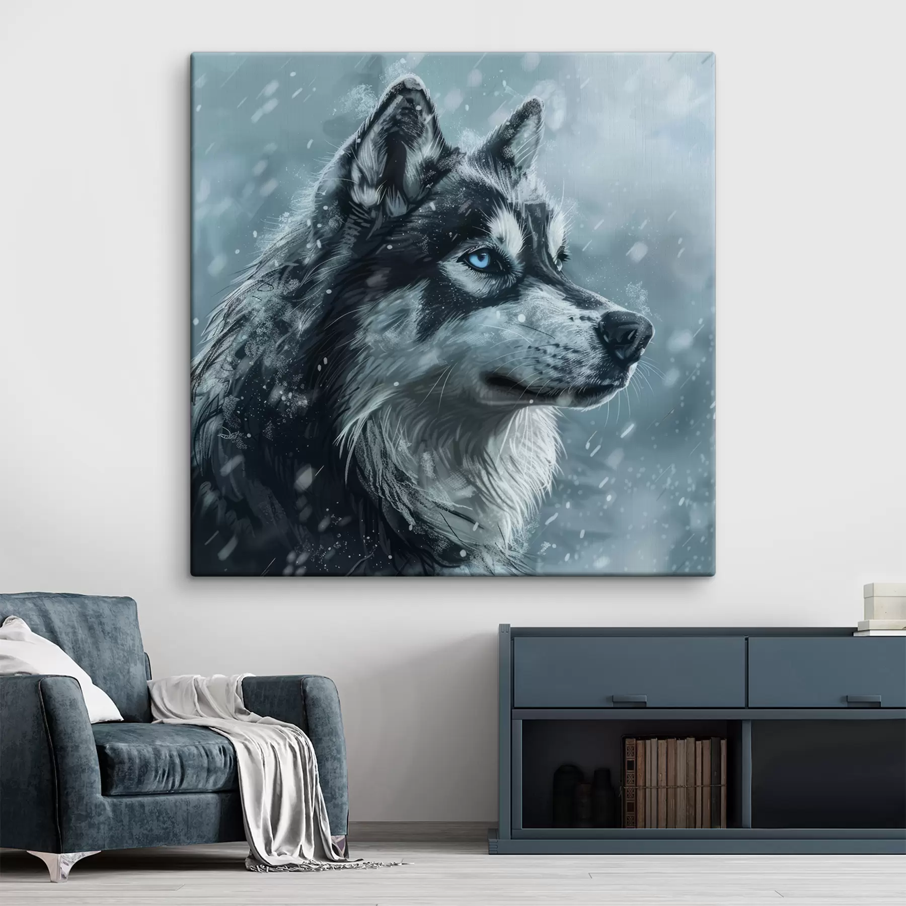 wall murals Husky with blue eyes against winter blue background s39462