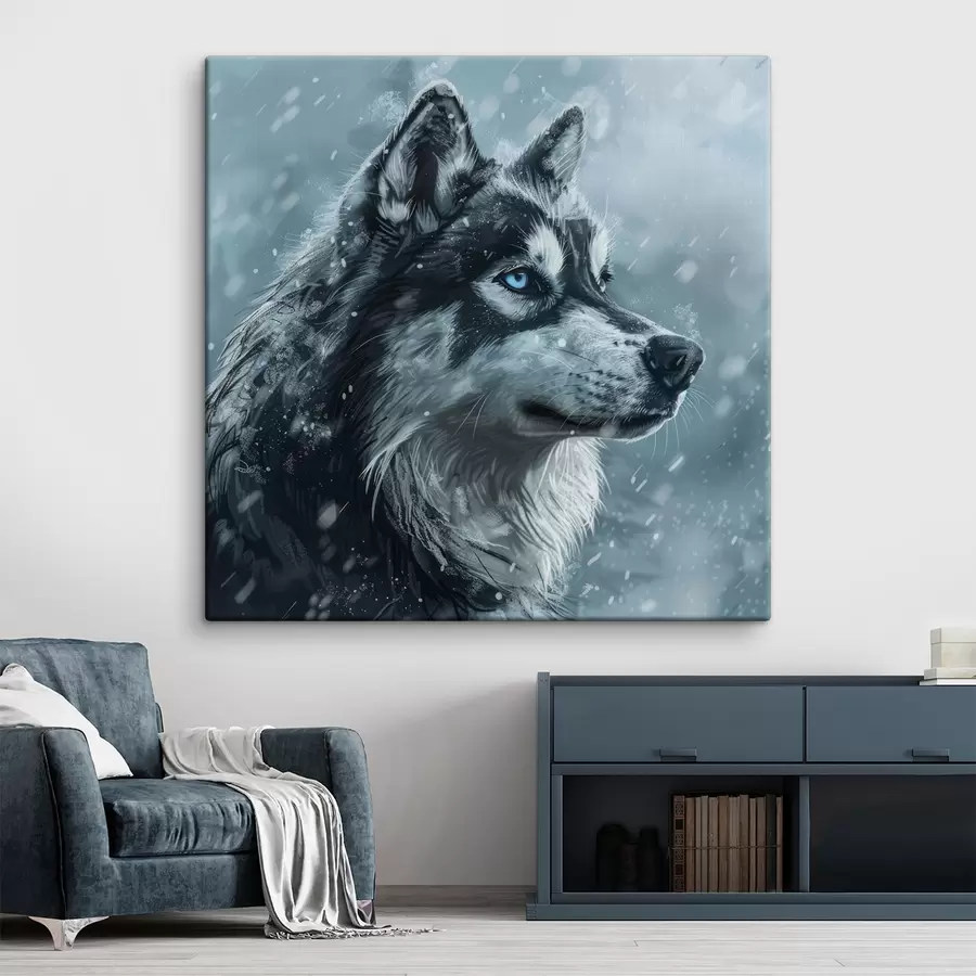 murales Husky con ojos azules sobre fondo azul invernal s39462
