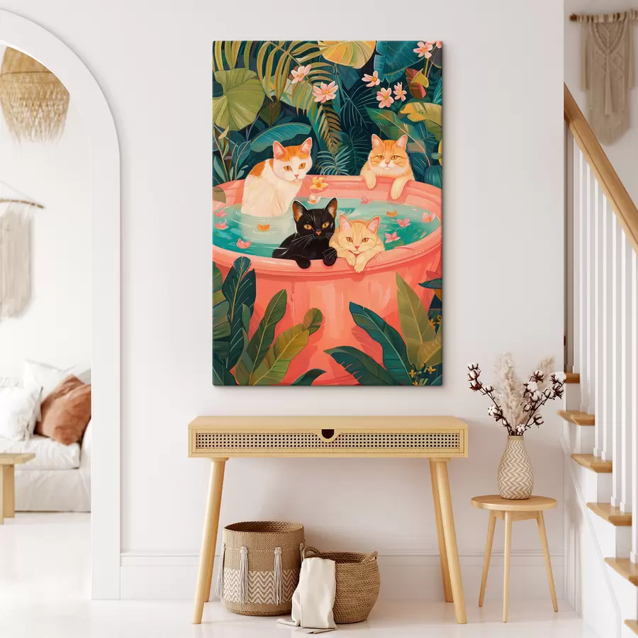 wall murals Cats in a pink bath with green leaves, jungle atmosphere s39465