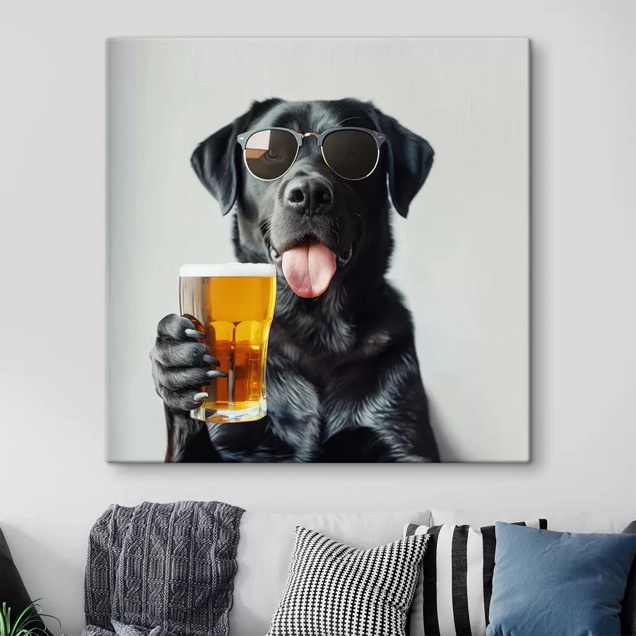 wall murals Portrait of a black labrador wearing sunglasses and holding a pint of beer, looking straight at the camera s39470