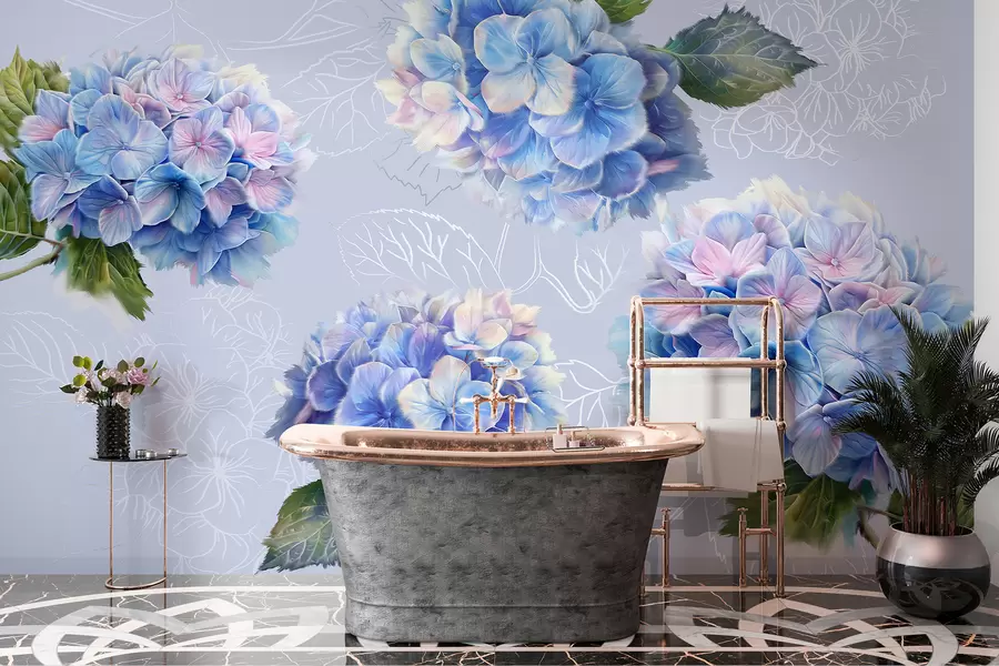 murales Hortensias, dibujo acrílico, arte lineal, botánico, colores violetas w07942v5