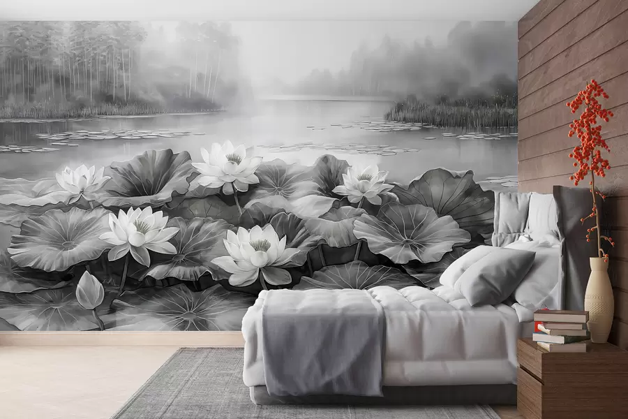 Wall Mural Photo Wallpaper Water lilies, forest lake, acrylic drawing, nature, grey colors w07957v1
