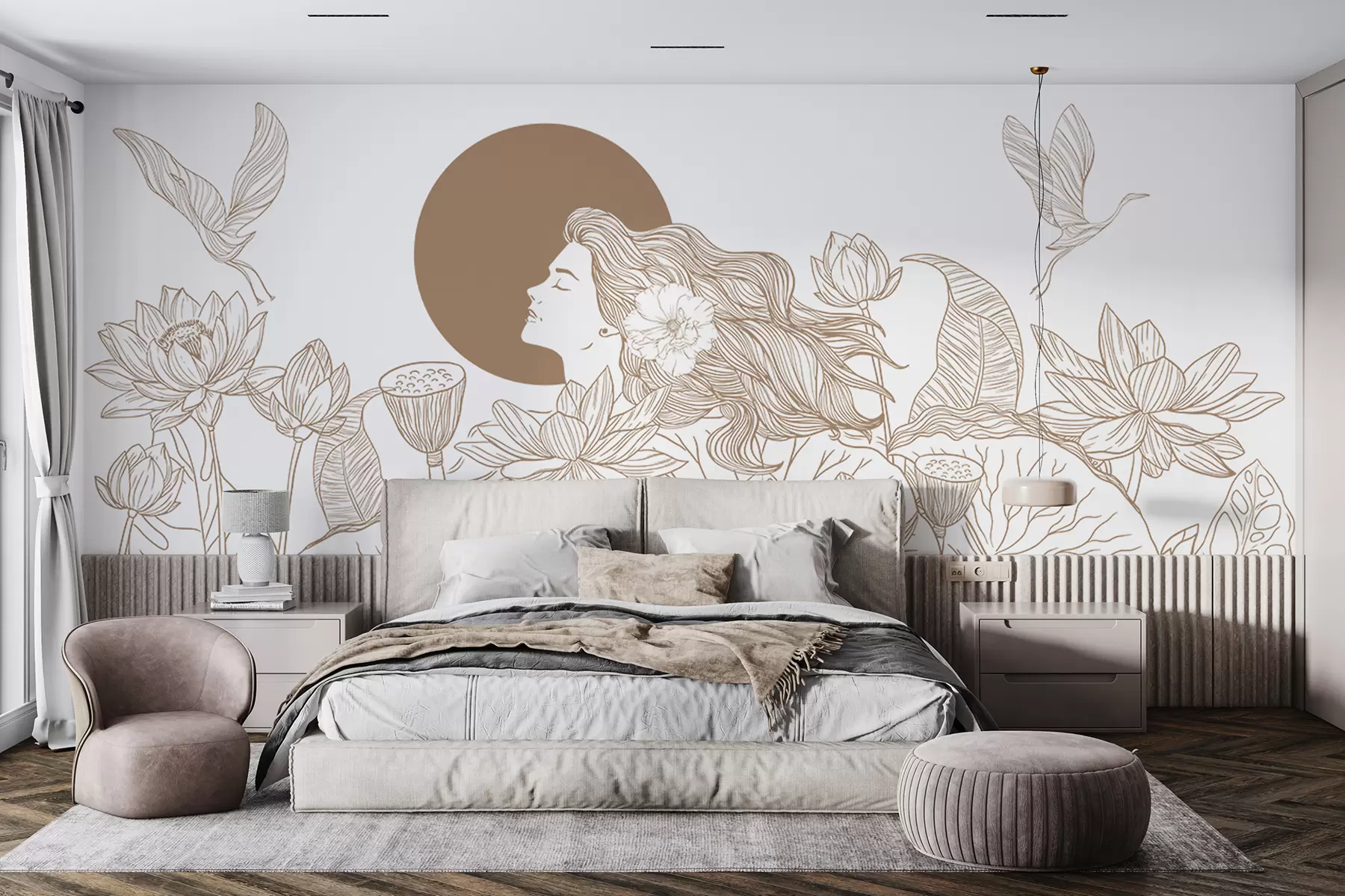 Wall Mural Photo Wallpaper Woman in the nature, line drawing, lotus flowers, big leaves, flying birds, beige color w07988v1