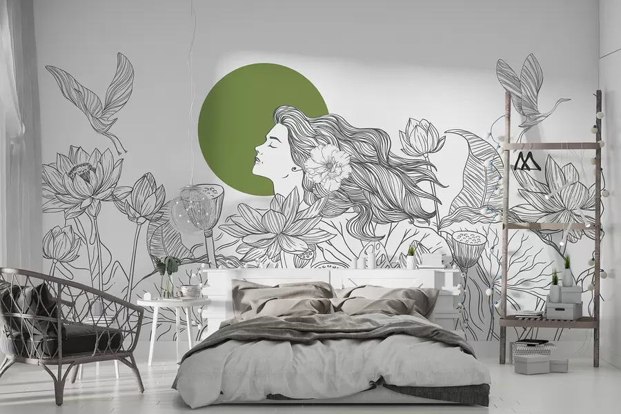 murales Mujer en la naturaleza, dibujo lineal, flores de loto, hojas grandes, pájaros voladores, color gris y verde w07988v3