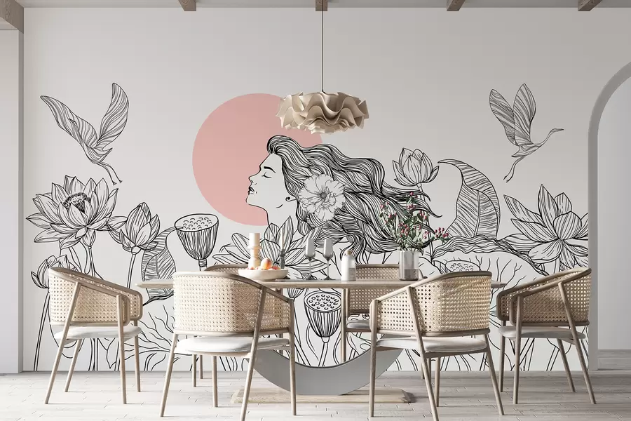 Wall Mural Photo Wallpaper Woman in the nature, line drawing, lotus flowers, big leaves, flying birds, black and pink color w07988v5