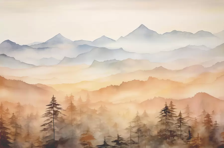 wall murals Mountains on forest background watercolor, blue orange color w08023
