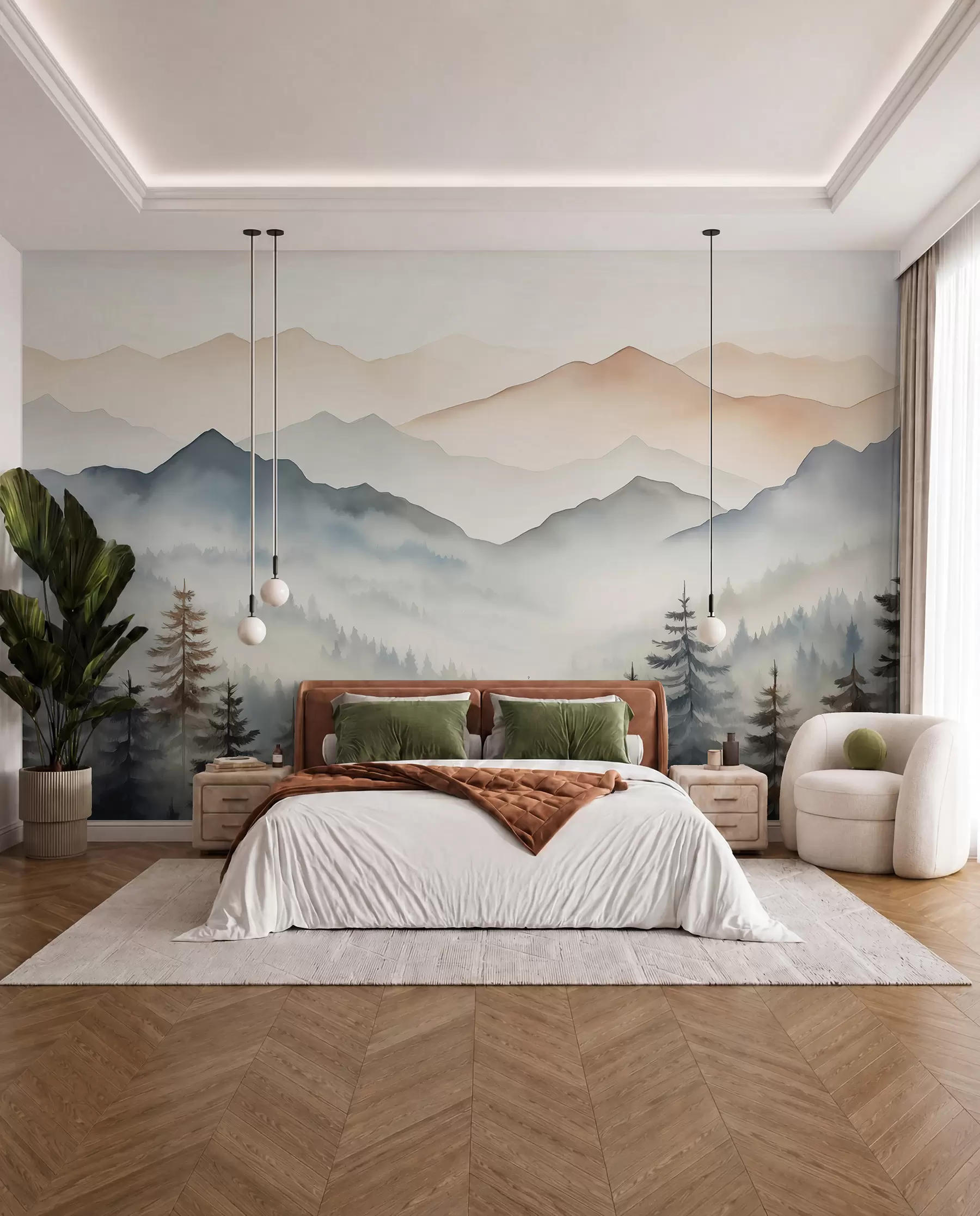 Wall Mural Photo Wallpaper Mountain ranges against the forest watercolor w08024