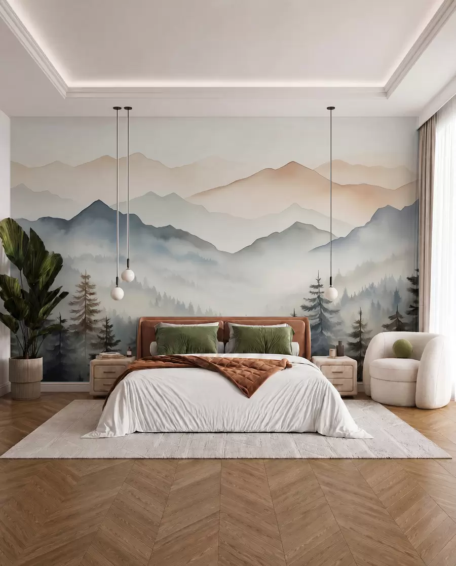 peintures murales Chaînes de montagnes contre l'aquarelle de la forêt w08024