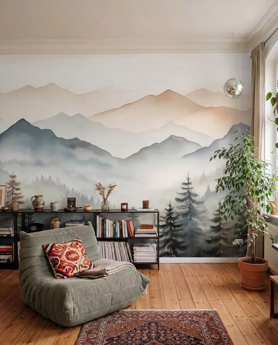 Wall Mural Photo Wallpaper Mountain ranges against the forest watercolor w08024