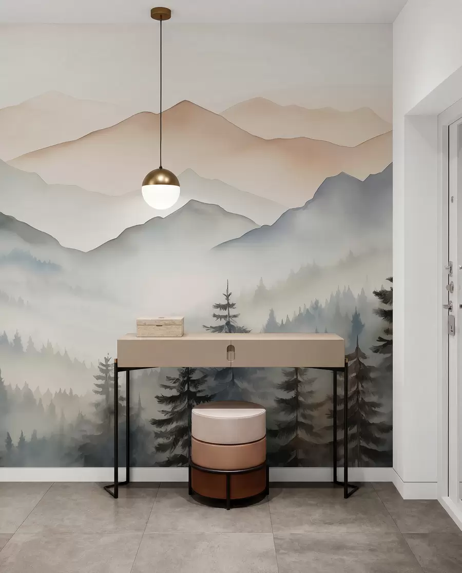 peintures murales Chaînes de montagnes contre l'aquarelle de la forêt w08024