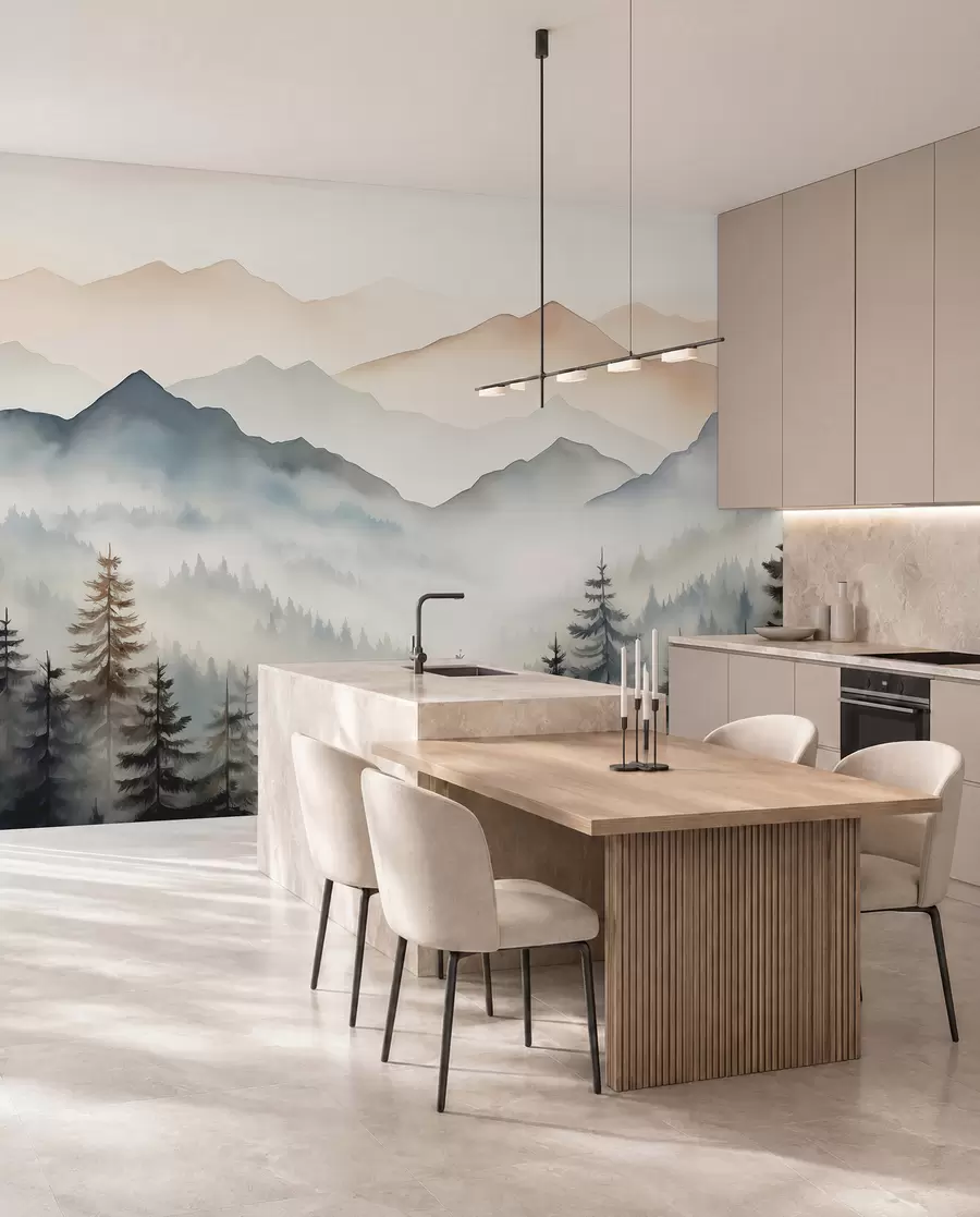 peintures murales Chaînes de montagnes contre l'aquarelle de la forêt w08024