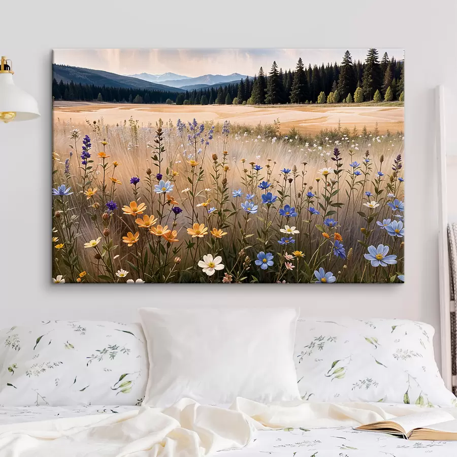 wall murals A field of colorful wildflowers in the foreground, with a lake and mountains in the background s39502