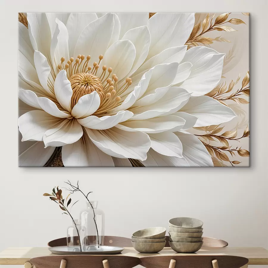 wall murals A close-up of a large, white dahlia flower with delicate petals and a vibrant yellow center s39508