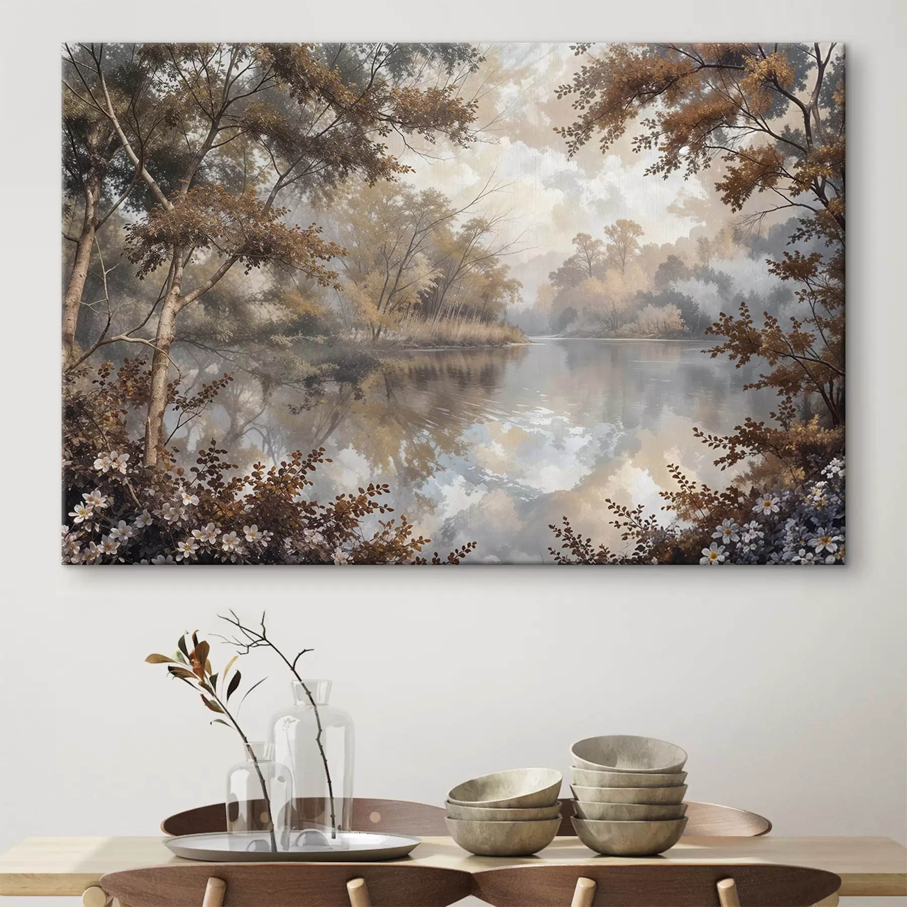 wall murals Autumn landscape with a calm lake surrounded by trees with vibrant orange and yellow foliage s39511