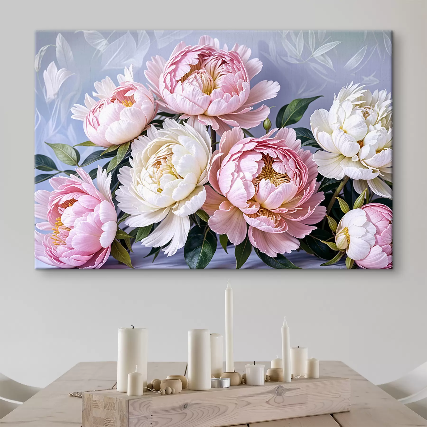 wall murals A bouquet of large, lush pink and white peony flowers with green leaves against a soft, blurred background s39514