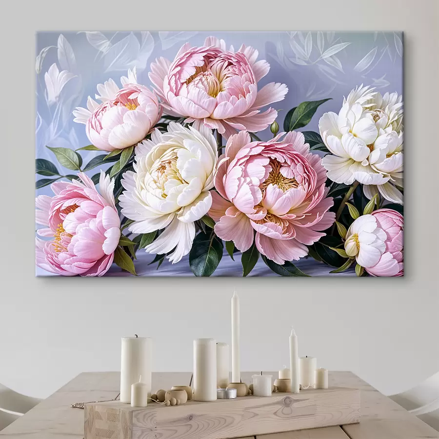 wall murals A bouquet of large, lush pink and white peony flowers with green leaves against a soft, blurred background s39514