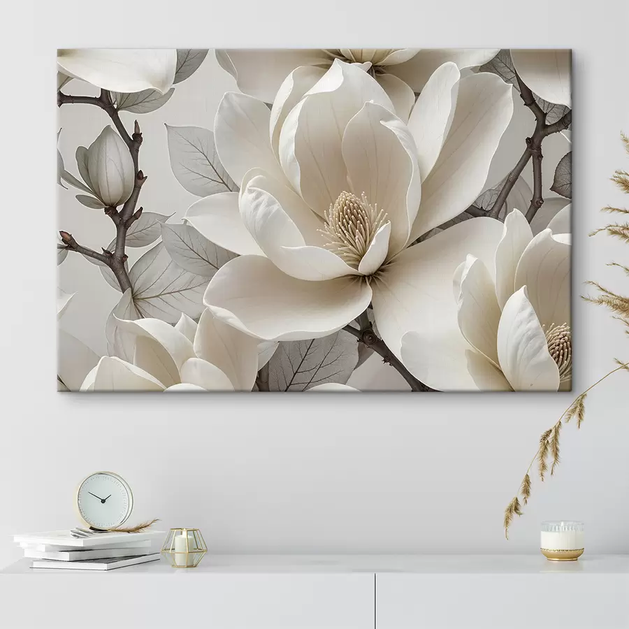 wall murals White magnolia flower with delicate petals surrounded by green leaves against  light background s39527