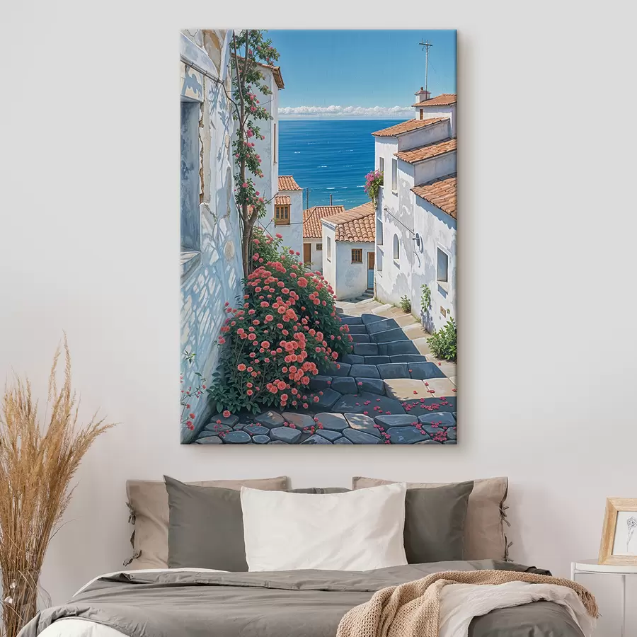 wall murals A narrow street in a coastal town, with white buildings, red tile roofs, and vibrant pink flowers s39532