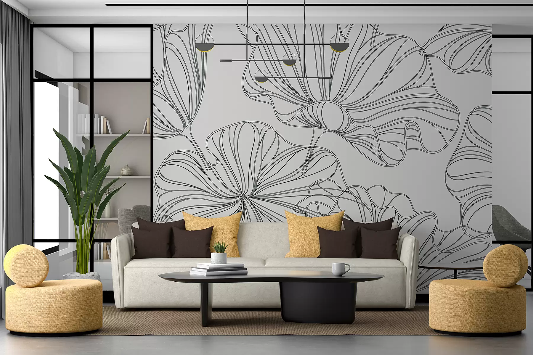 peintures murales Grandes fleurs linéaires, fond beige pâle w07997v1