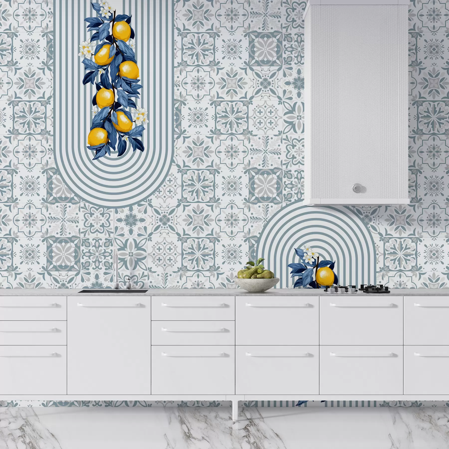 murais de parede padrão siciliano, estampa azul com limões. Padrão de azulejo azul italiano. Cerâmica de porcelana mediterrânea. Ornamentos folclóricos étnicos w08034