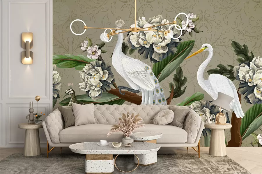 Wall Mural Photo Wallpaper A pair of white peacocks with long tails surrounded by large white peony flowers and lush green foliage  w07975