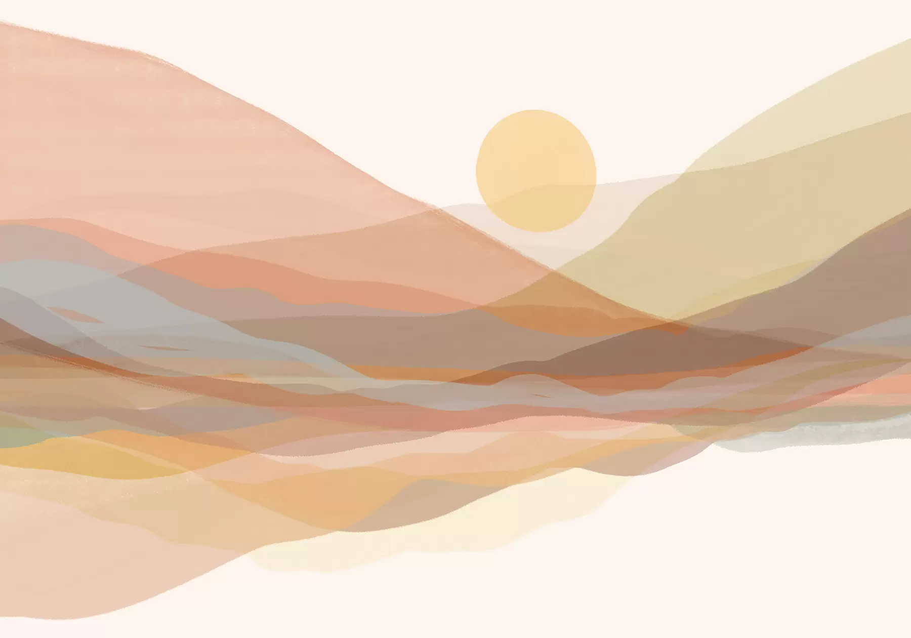 Wall Mural Photo Wallpaper Mountainous landscape with a warm sun in the sky, rolling hills in shades of orange, yellow, and brown w07976