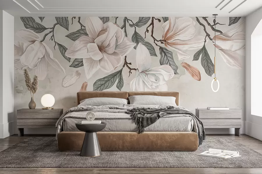 murales Delicadas flores de magnolia rosa y blanca con hojas verdes sobre un fondo claro, una composición floral suave w07977