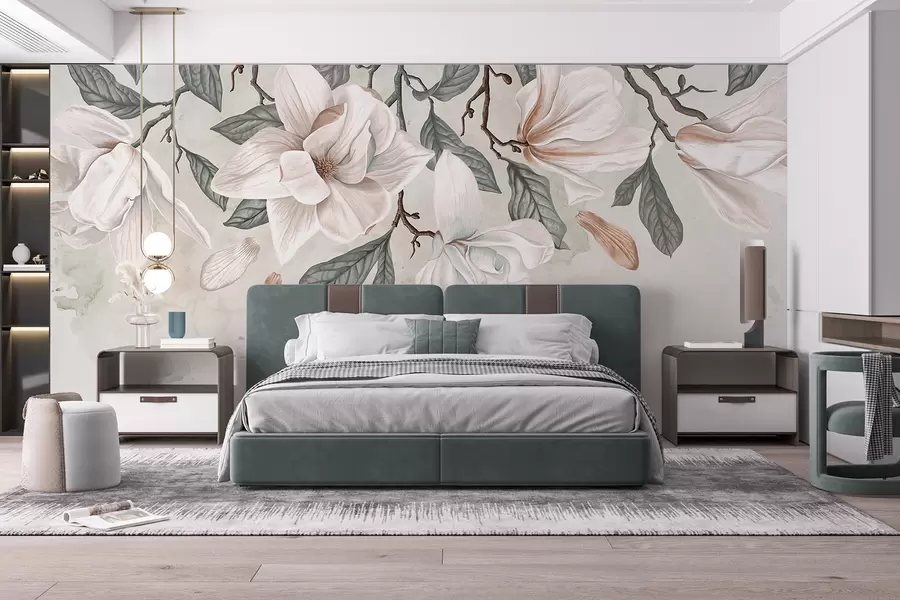 Wall Mural Photo Wallpaper Delicate pink and white magnolia flowers with green leaves on a light background, a soft, floral composition w07977