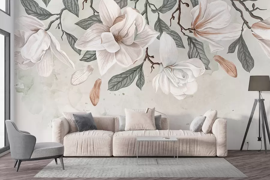 murales Delicadas flores de magnolia rosa y blanca con hojas verdes sobre un fondo claro, una composición floral suave w07977