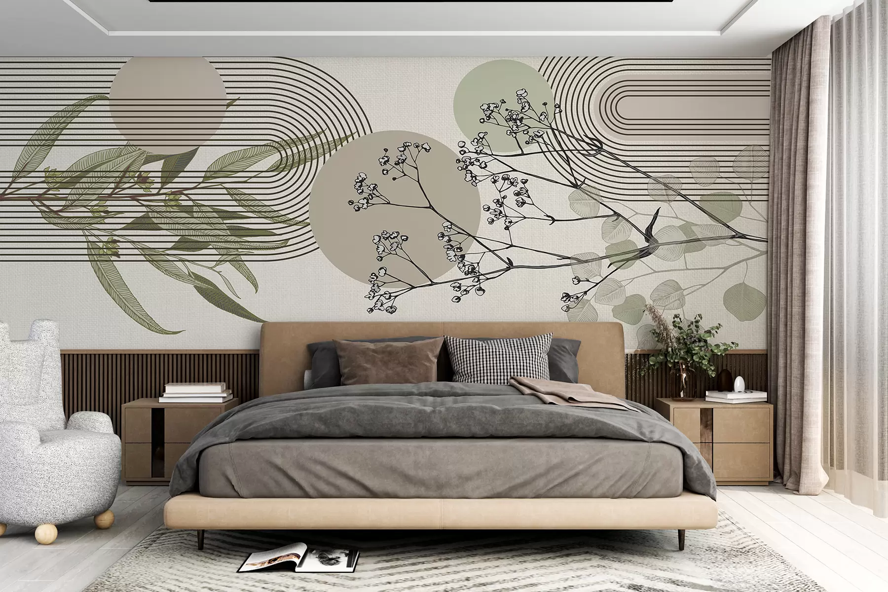 peintures murales Une abstraction minimaliste avec des formes organiques, des branches d'arbres stylisées ou des plantes aux délicats détails floraux w07979