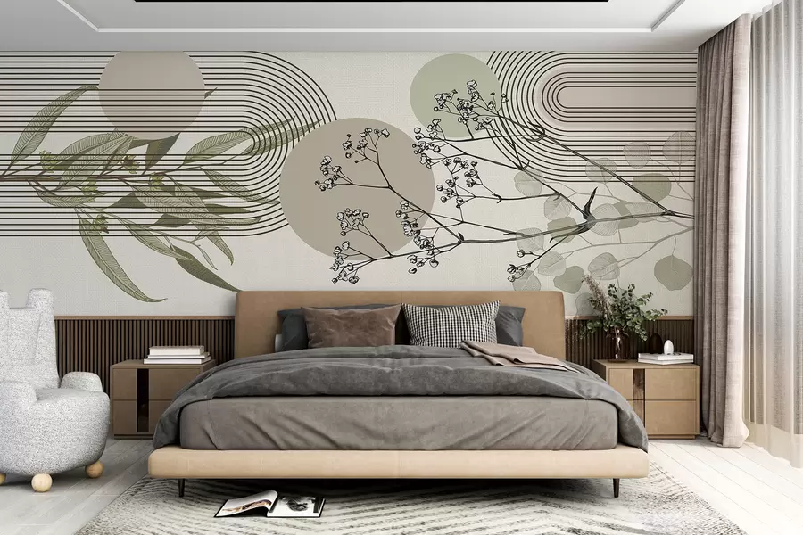murales Una abstracción minimalista con formas orgánicas, ramas de árboles estilizadas o plantas con delicados detalles florales w07979