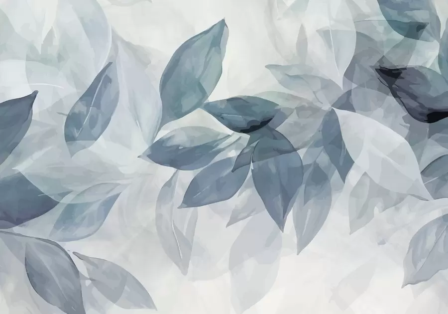 wall murals Soft gray and white watercolor leaves with a blurred, ethereal background w07981